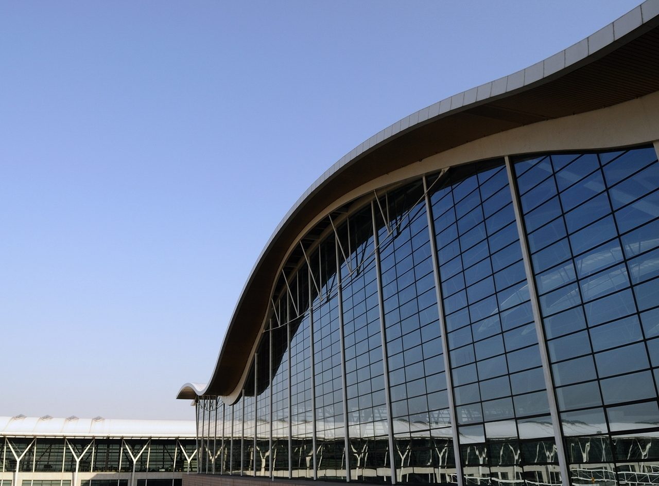 Terminal of Shanghai Pudong International Airport at dusk