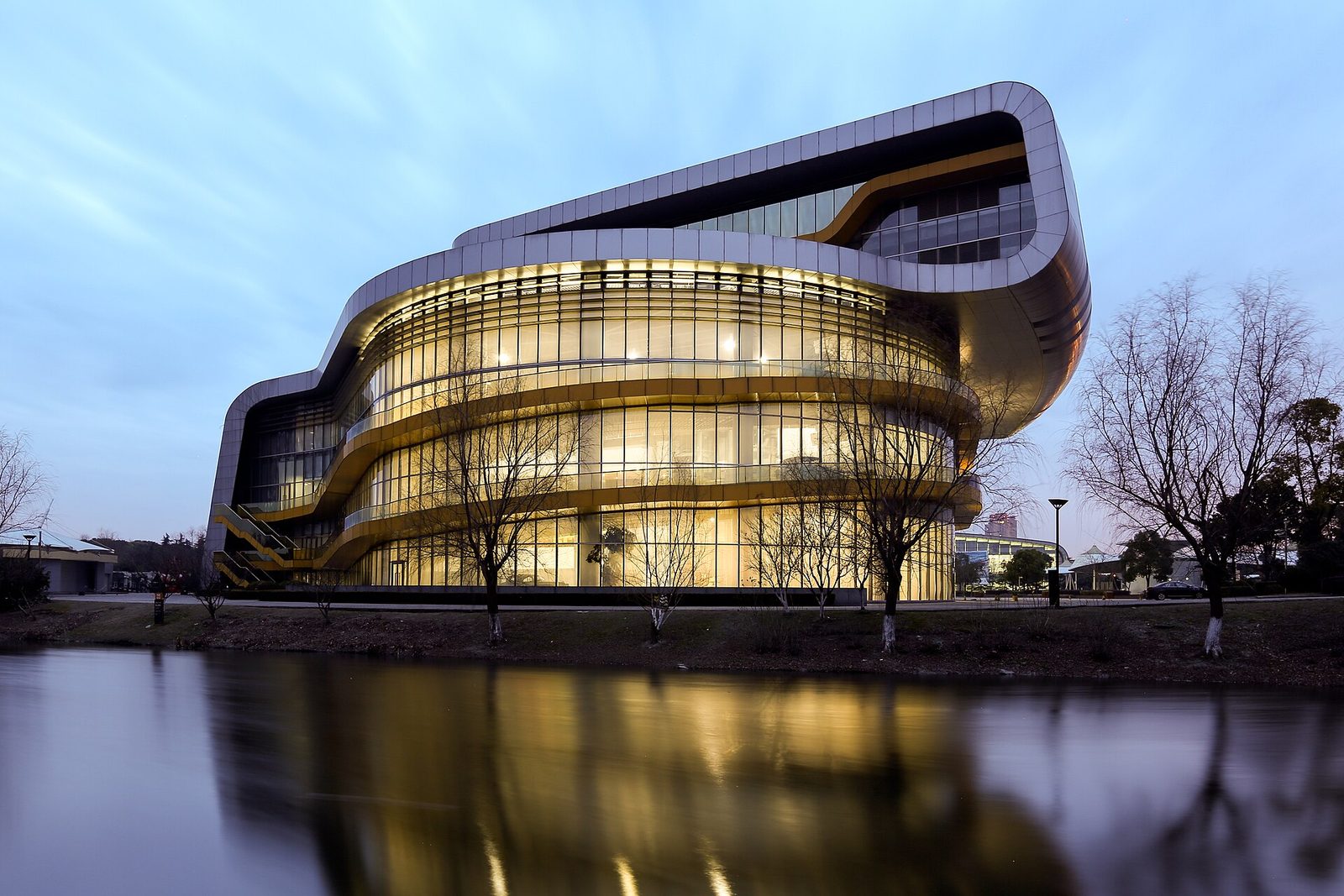 Shanghai Auto Museum illuminated at evening