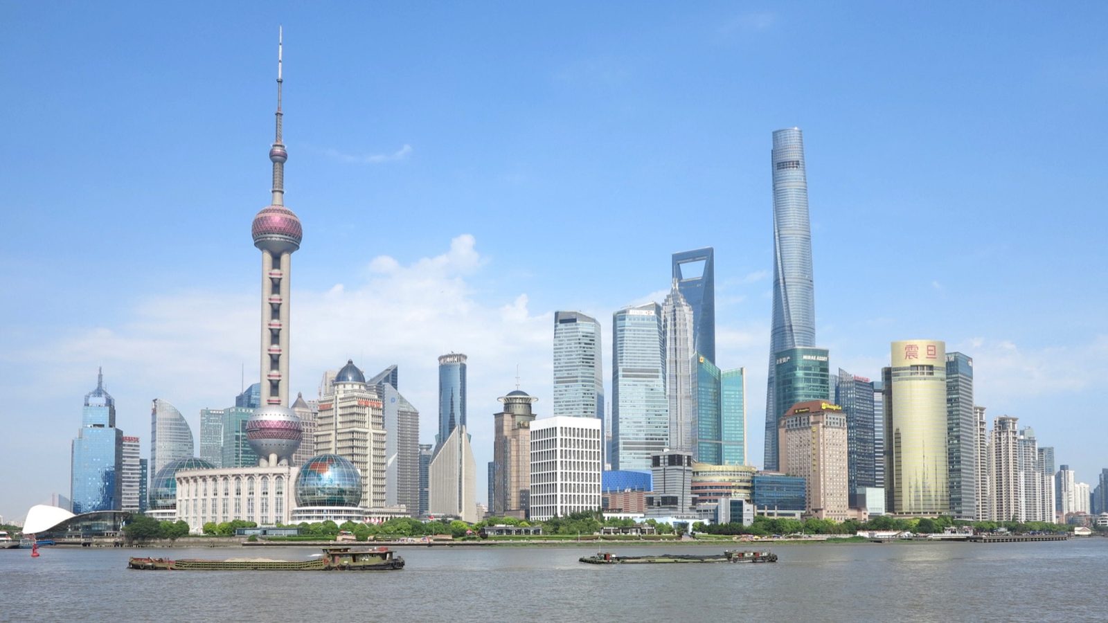 Shanghai skyline seen from the Bund at dusk